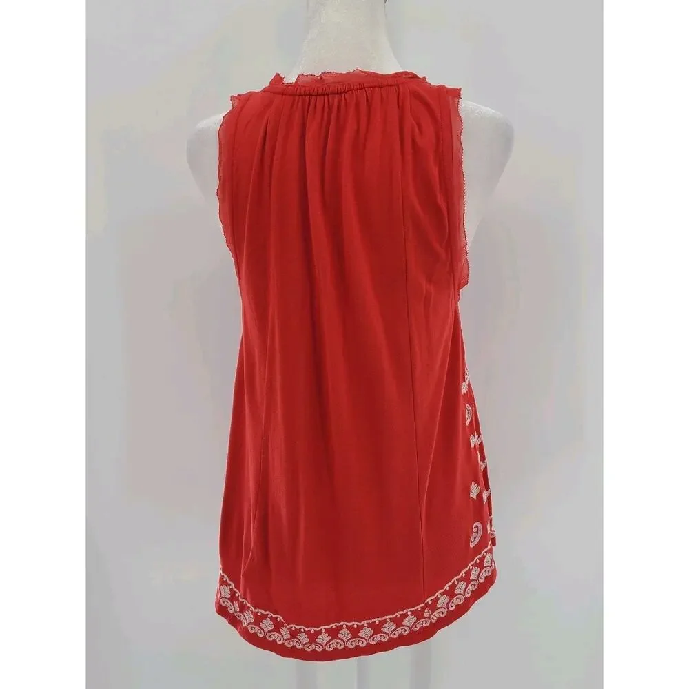 Anthropologie Embroidered Tank Top Small‎ Red Keyhole Bohemian Festive Paisley